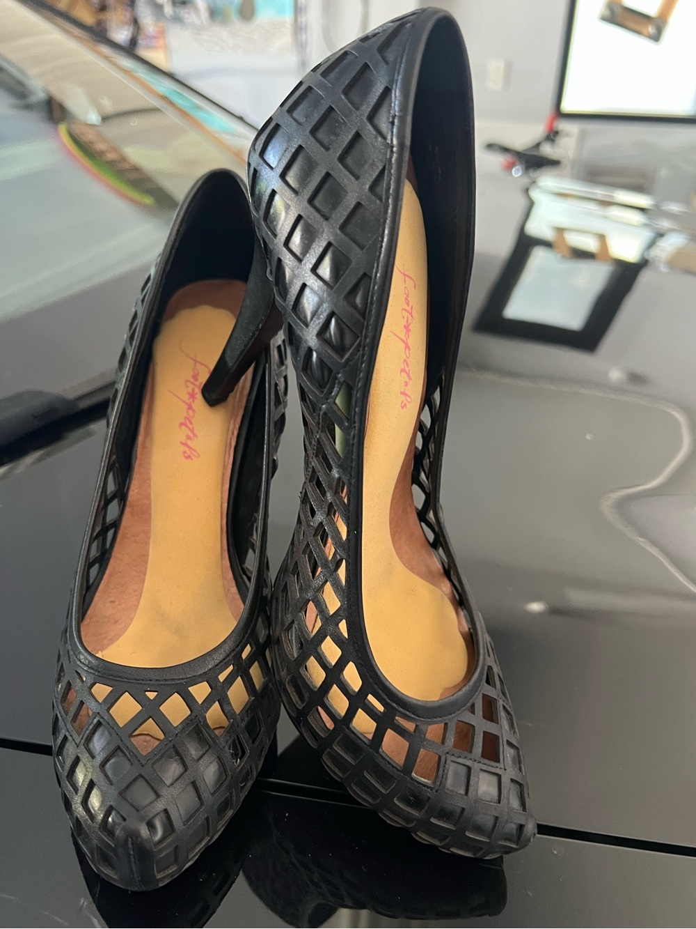 Rosegold Shoes Black Laser-Cut Lattice Heels